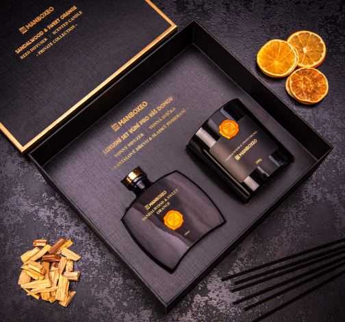 Exkluzivní dárková sada vonné svíčky a aroma difuzéru s intezivní vůní - Sandalwood & Sweet Orange